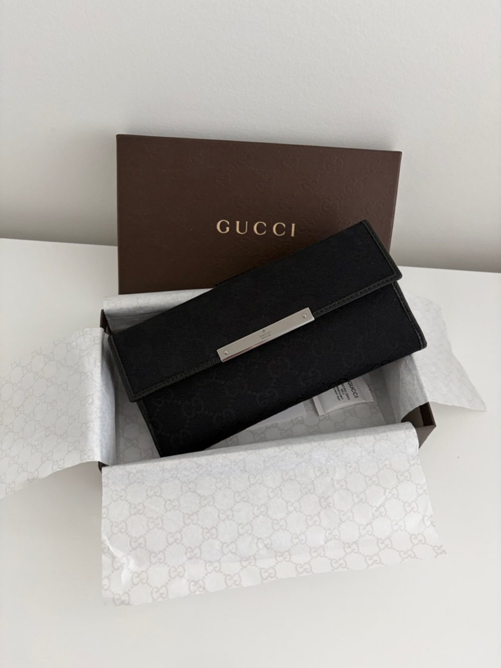 💯 Authentic Gucci Black GG Canvas Long Flap Wallet with Silver Plaque